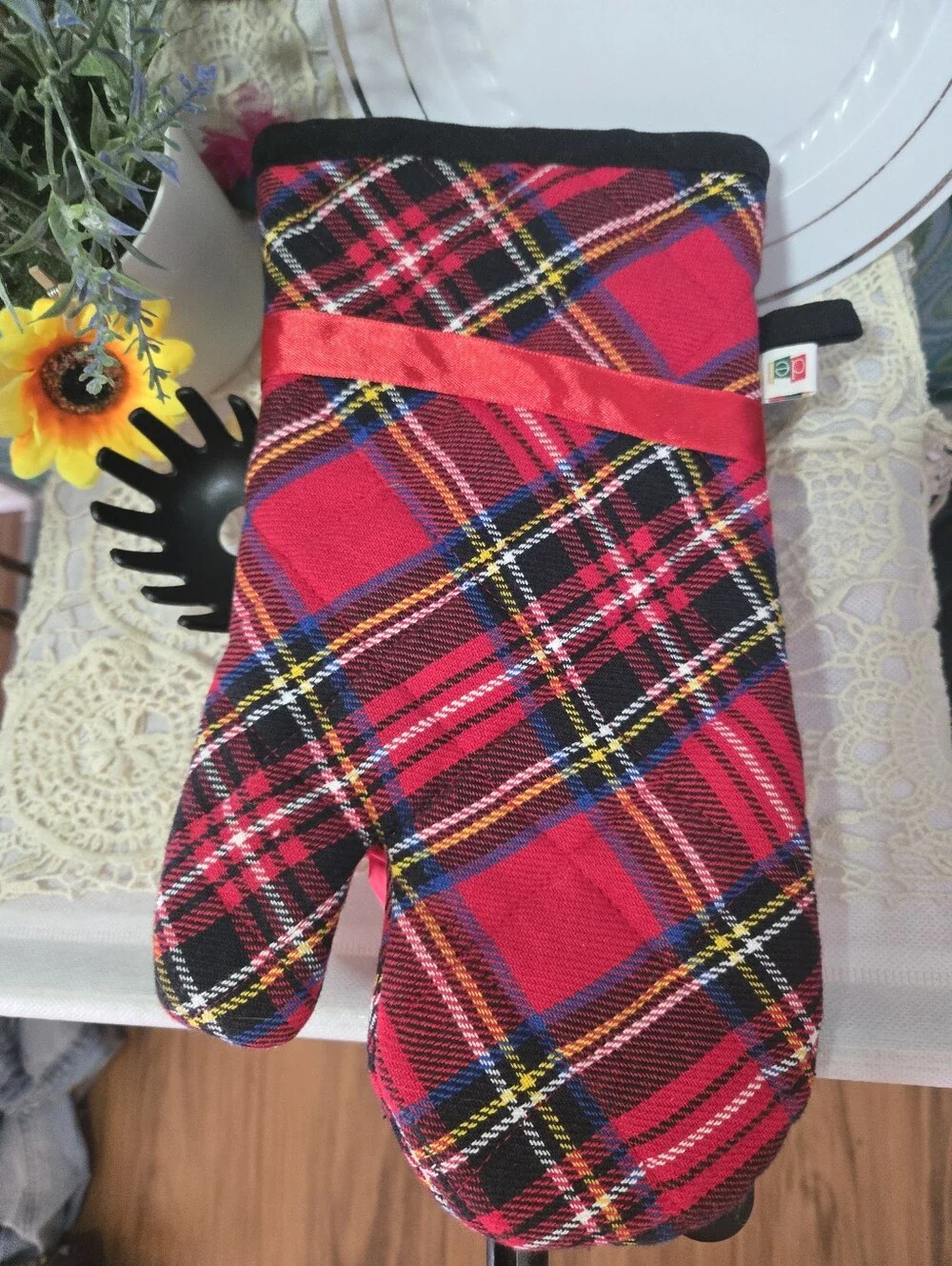 4/$15 Novelty Black Kitchen Utensil Set & Red Plaid Pot Holder | Retro Kitsch